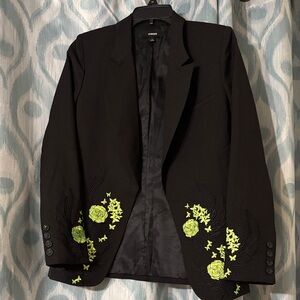 Chic Black Blazer with Neon Green Floral Accents